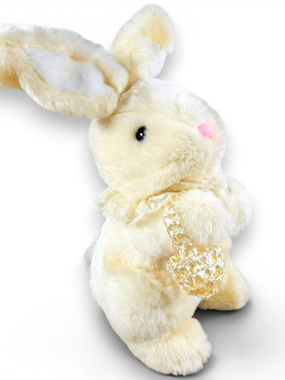 Mty International Bunny Rabbit Plush Stuffed Toy Pastel Yellow Doily Basket 10"